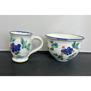 Hand Thrown Glazed Studio Art Pottery Coffee Mug & Bowl Flowers Signed 2011 FS